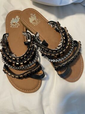 Tasseled Beaded Black Braided Flat Sandals - Women
